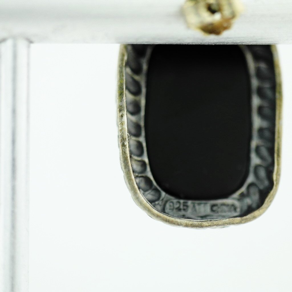 Vintage Chinese export sterling silver earrings with Black onyx stone ATI