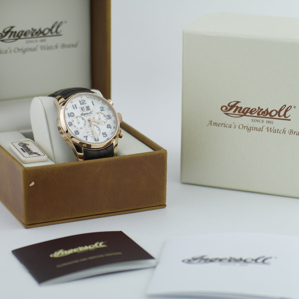Tachymeter quartz Ingersoll Exmouth wrist watch brown leather strap