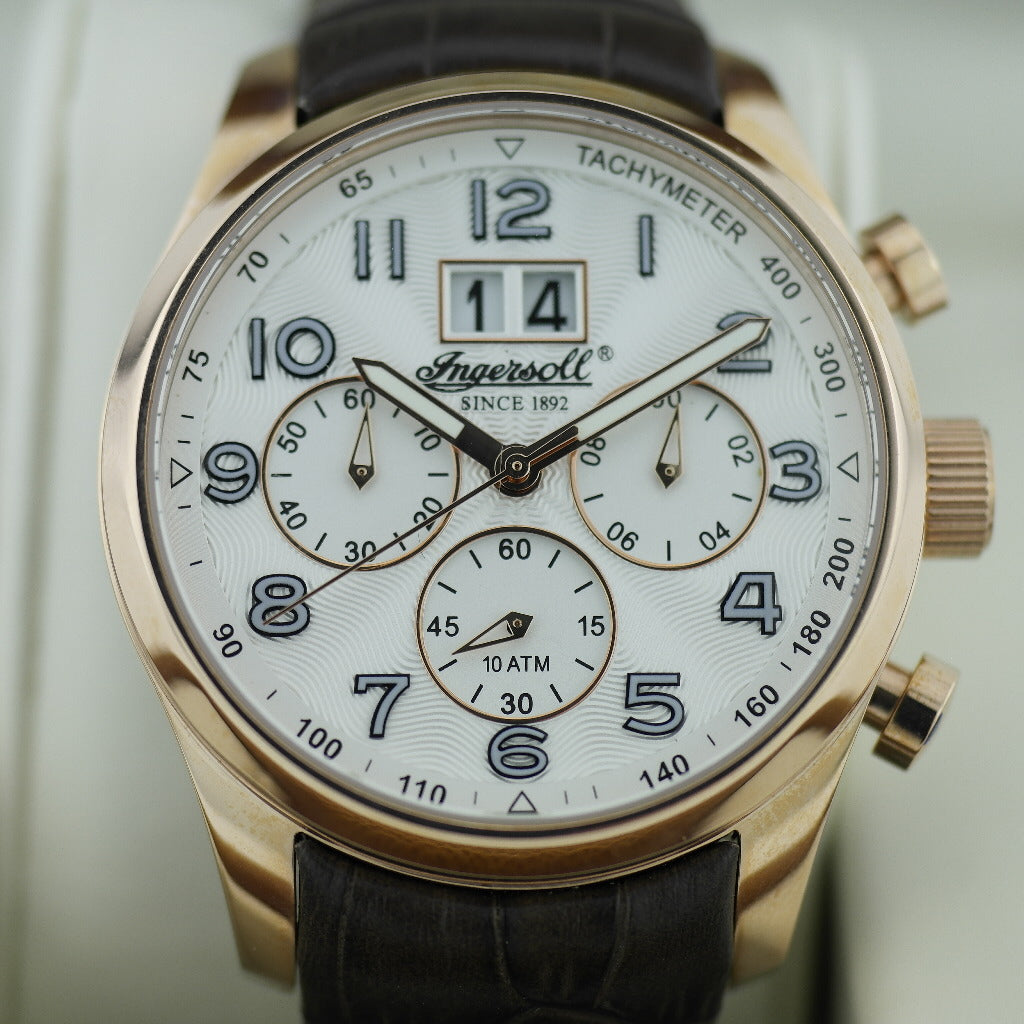 Tachymeter quartz Ingersoll Exmouth wrist watch brown leather strap