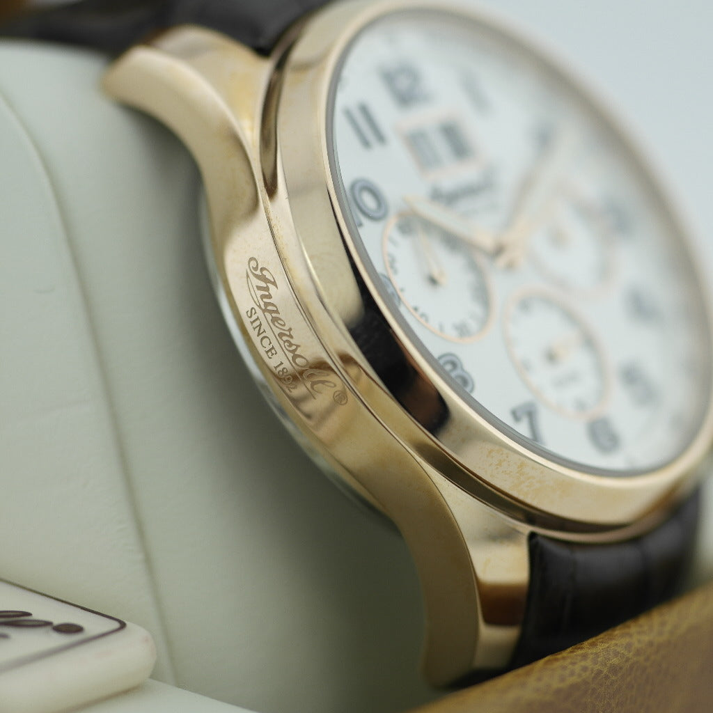 Tachymeter quartz Ingersoll Exmouth wrist watch brown leather strap