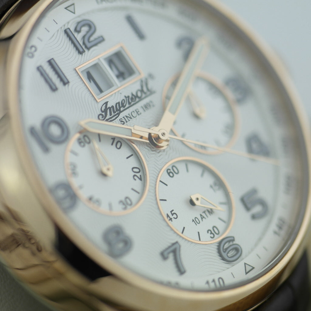 Tachymeter quartz Ingersoll Exmouth wrist watch brown leather strap