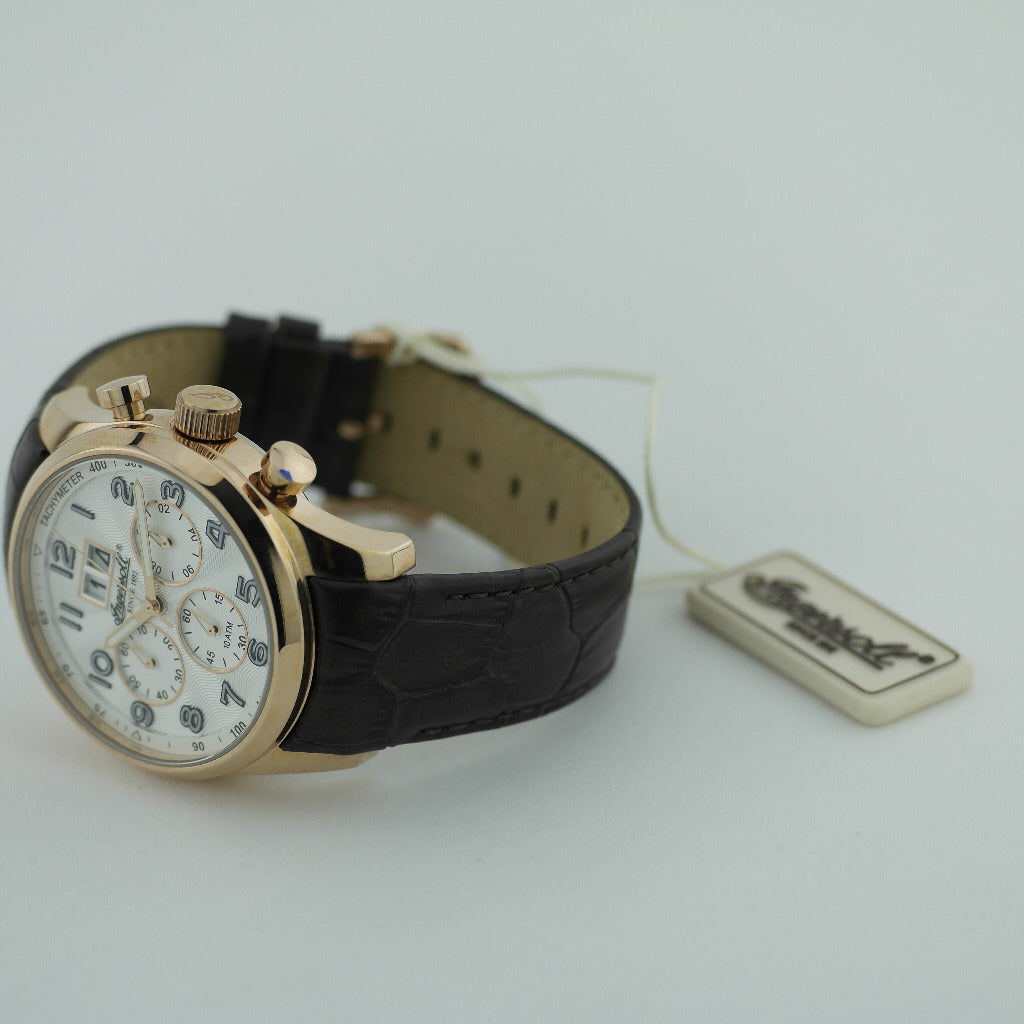 Tachymeter quartz Ingersoll Exmouth wrist watch brown leather strap