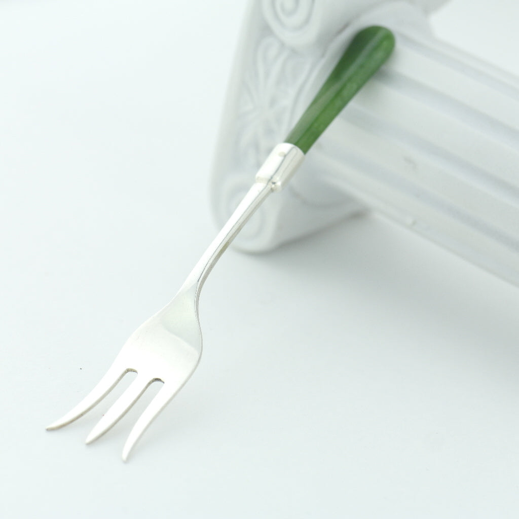 Antike Gabel aus Sterlingsilber von 1908 mit grünem Jade-/Nephrit-Griff