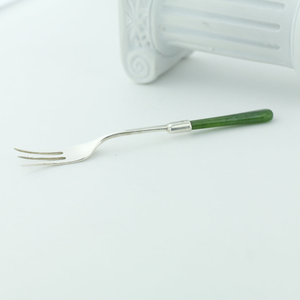 Antike Gabel aus Sterlingsilber von 1908 mit grünem Jade-/Nephrit-Griff