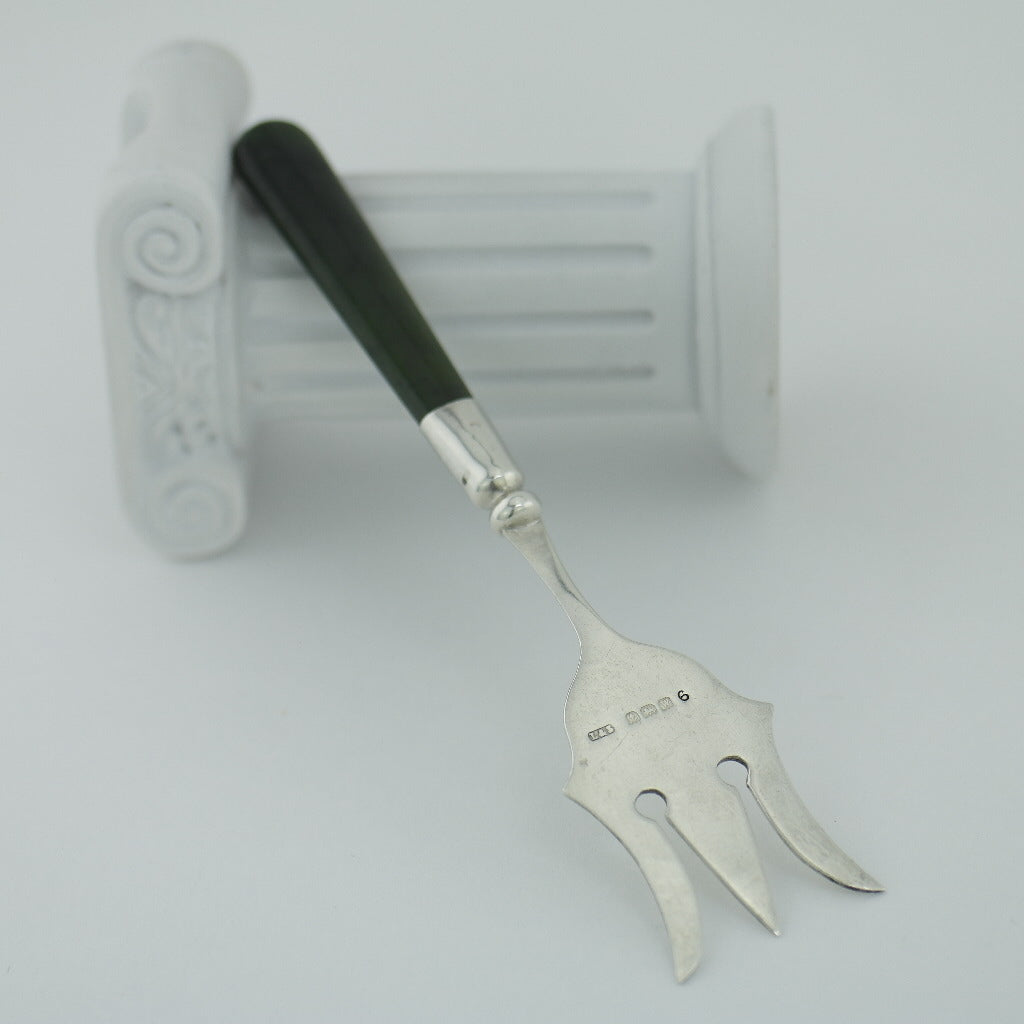 Antique 1921 solid silver fork with green Jade Nephrite handle