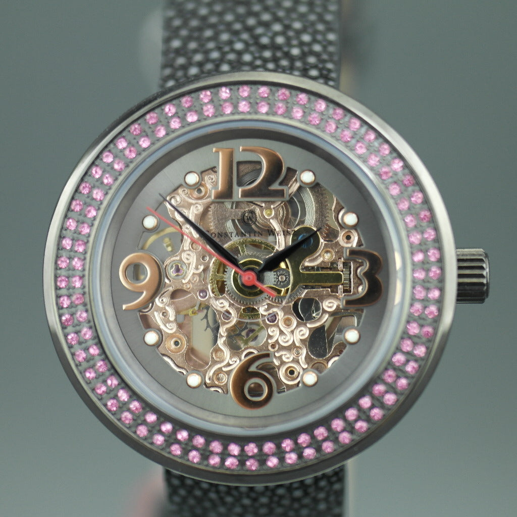 Constantin Weisz Skeleton Automatik-Armbanduhr mit rosafarbener Lünette