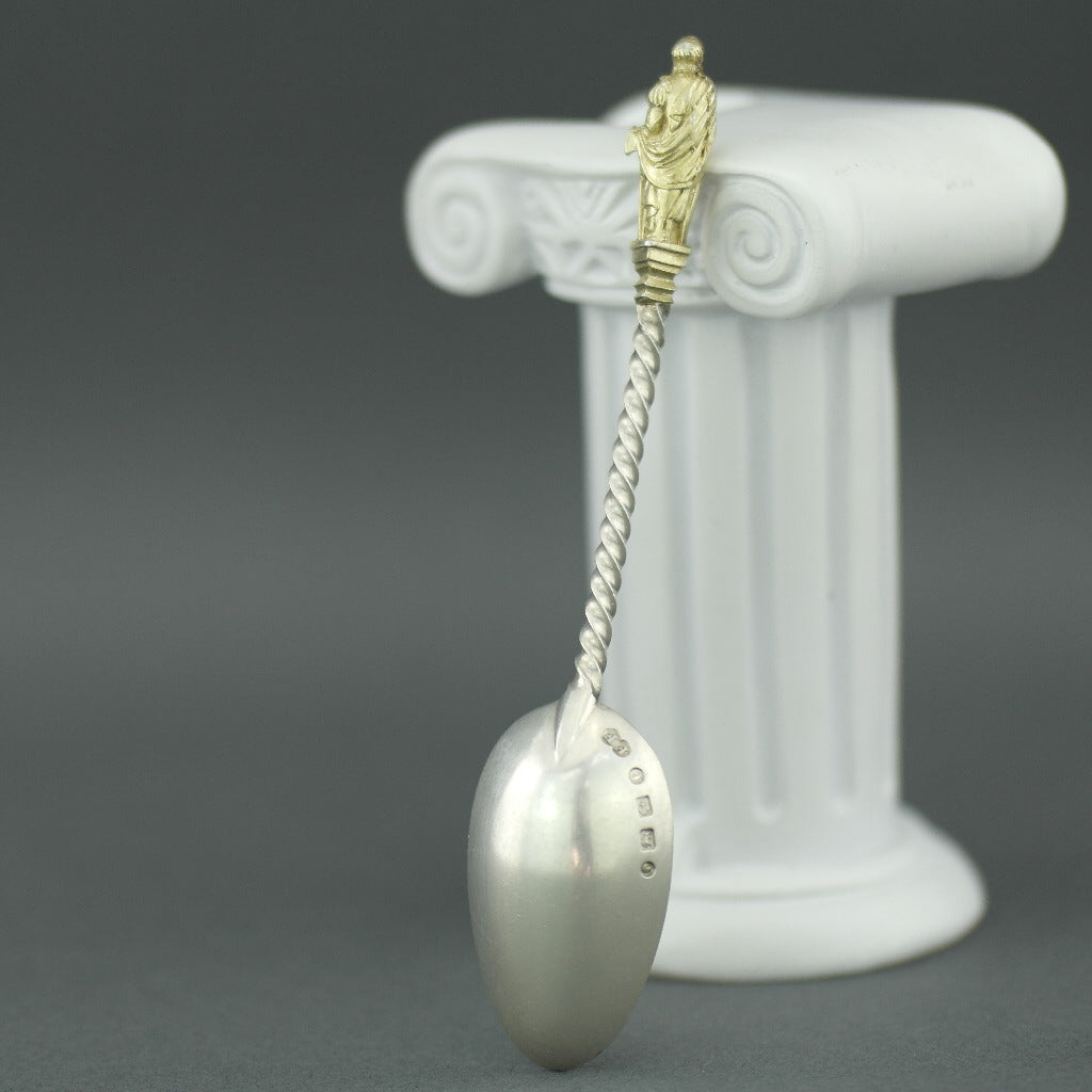 Antique 1880 sterling silver gold plated spoon with figurine by Frederick Elkington Birmingham