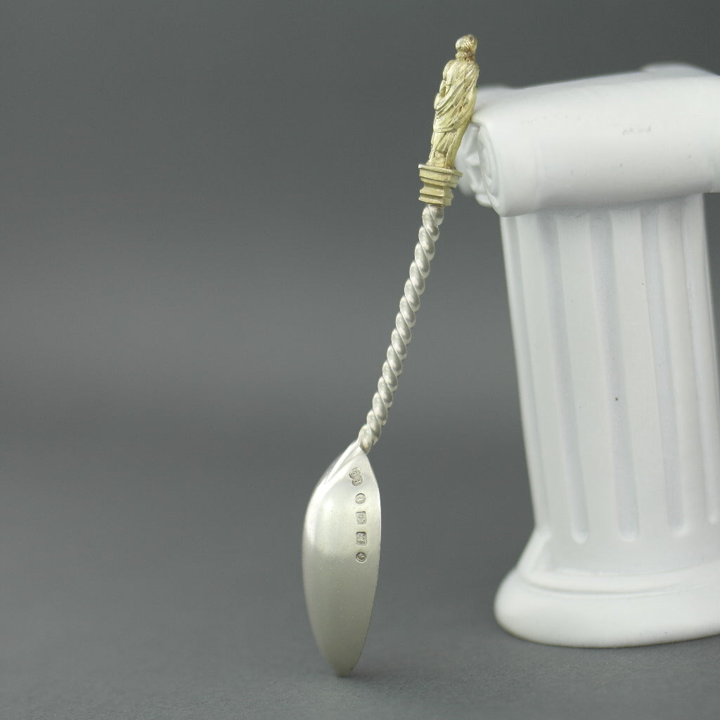 Antique 1880 sterling silver gold plated spoon with figurine by Frederick Elkington Birmingham