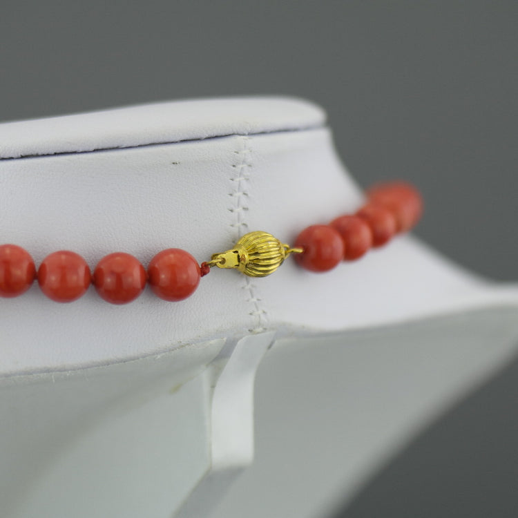 Knotted dyed red Coral beads Necklace with gold plated clasp