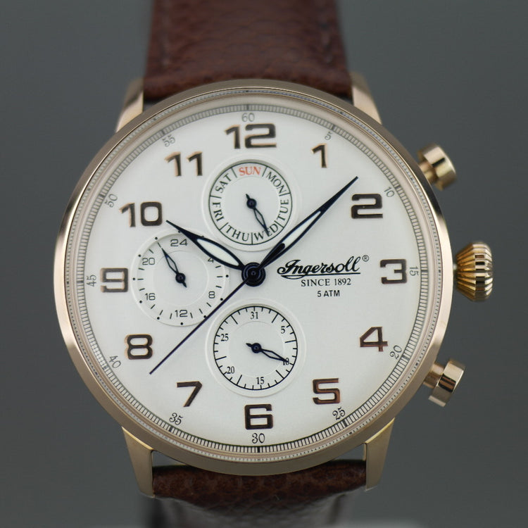 Ingersoll Eaton gold plated quartz wrist watch with Arabic numerals and leather strap