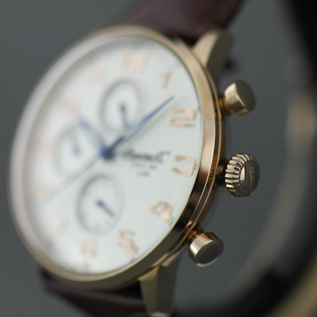 Ingersoll Eaton gold plated quartz wrist watch with Arabic numerals and leather strap