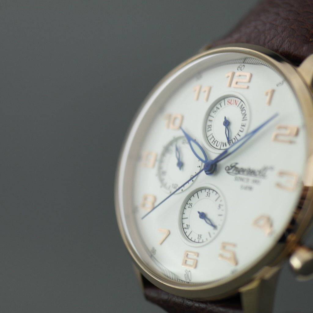 Reloj de pulsera Ingersoll Eaton de cuarzo chapado en oro con números arábigos y correa de piel