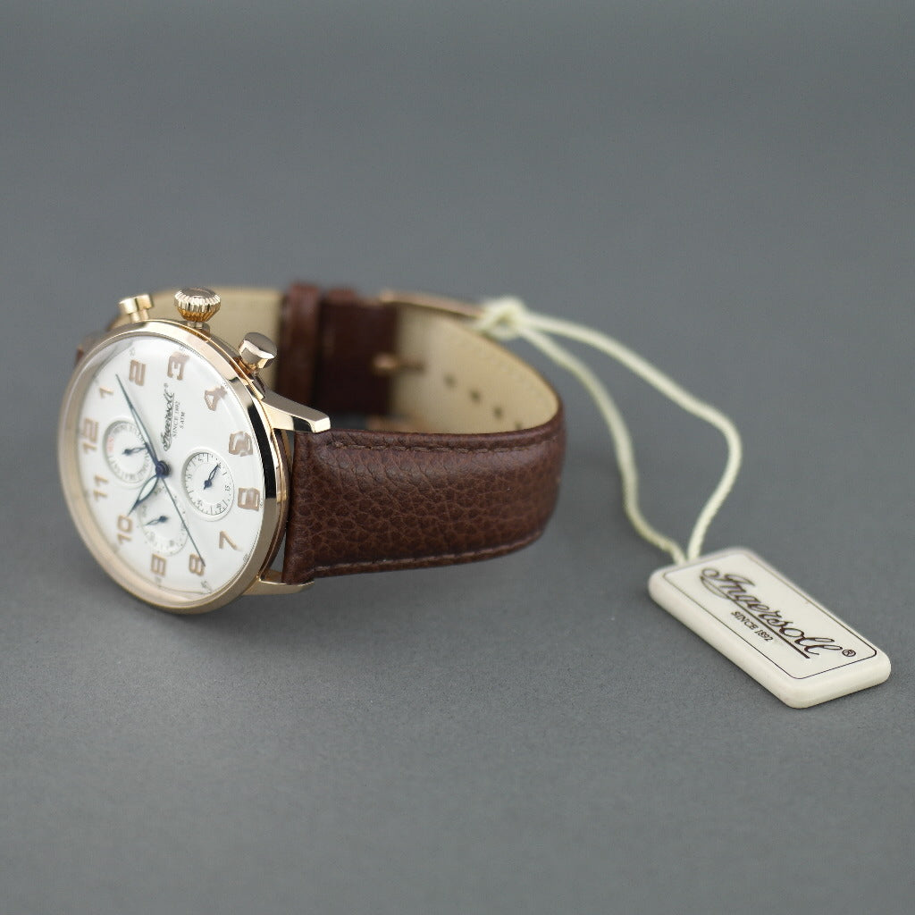 Reloj de pulsera Ingersoll Eaton de cuarzo chapado en oro con números arábigos y correa de piel