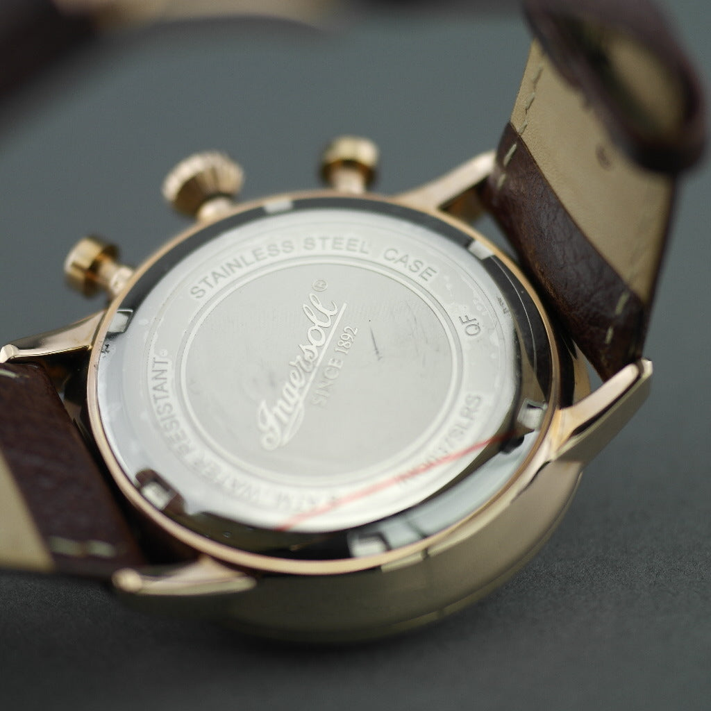 Reloj de pulsera Ingersoll Eaton de cuarzo chapado en oro con números arábigos y correa de piel