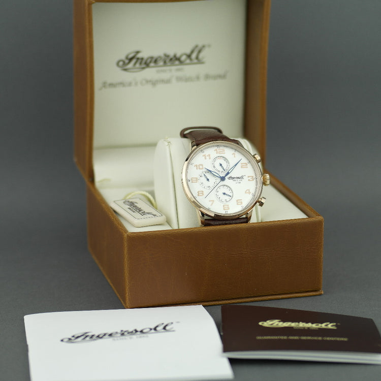 Ingersoll Eaton gold plated quartz wrist watch with Arabic numerals and leather strap