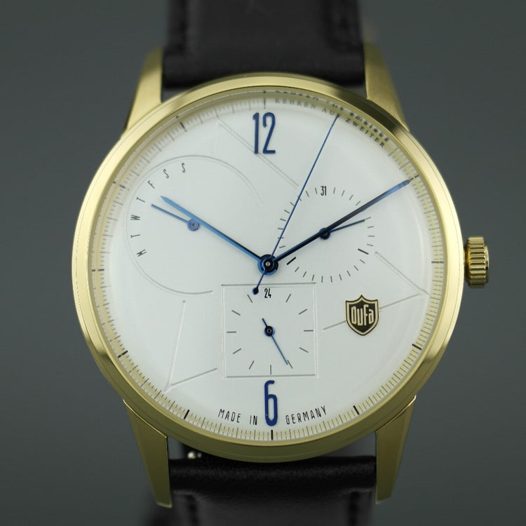 DuFa Weimar Calendar Gents gold plated watch with black leather strap