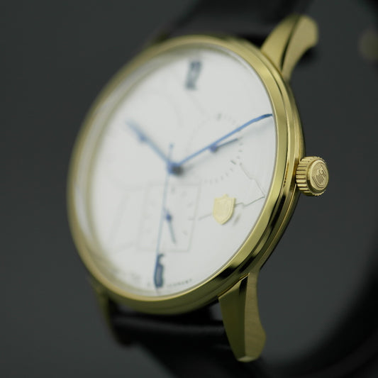 Reloj DuFa Weimar Calendar para hombre chapado en oro con correa de cuero negra 
