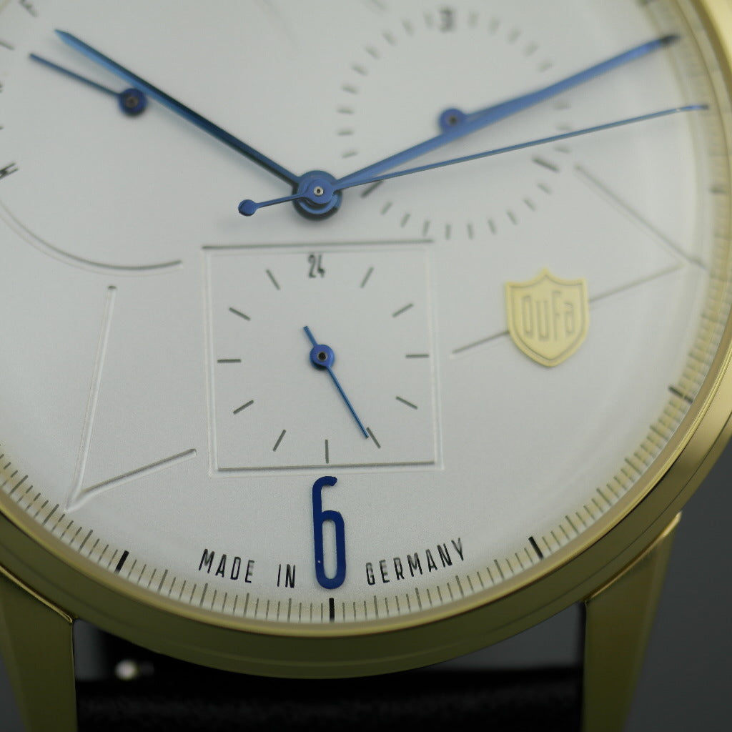 Reloj DuFa Weimar Calendar para hombre chapado en oro con correa de cuero negra 