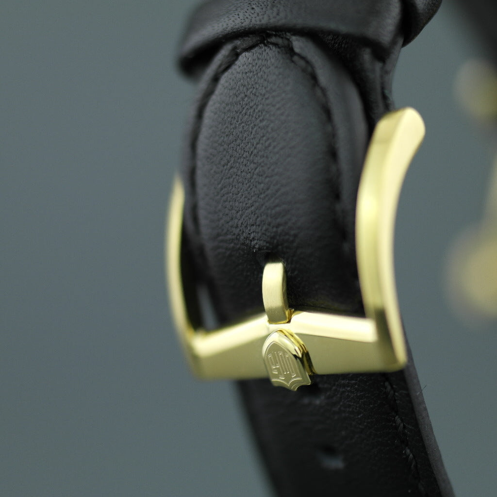 Reloj DuFa Weimar Calendar para hombre chapado en oro con correa de cuero negra 