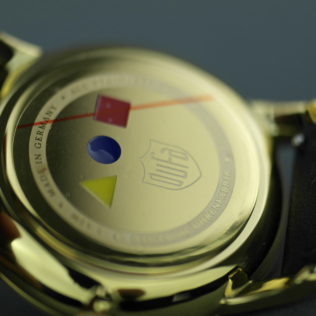 Reloj DuFa Weimar Calendar para hombre chapado en oro con correa de cuero negra 