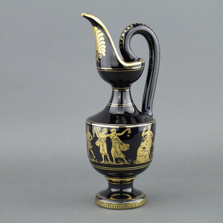 Vintage Greek style 24k Gold plated pottery ceramic jug Royal Blue