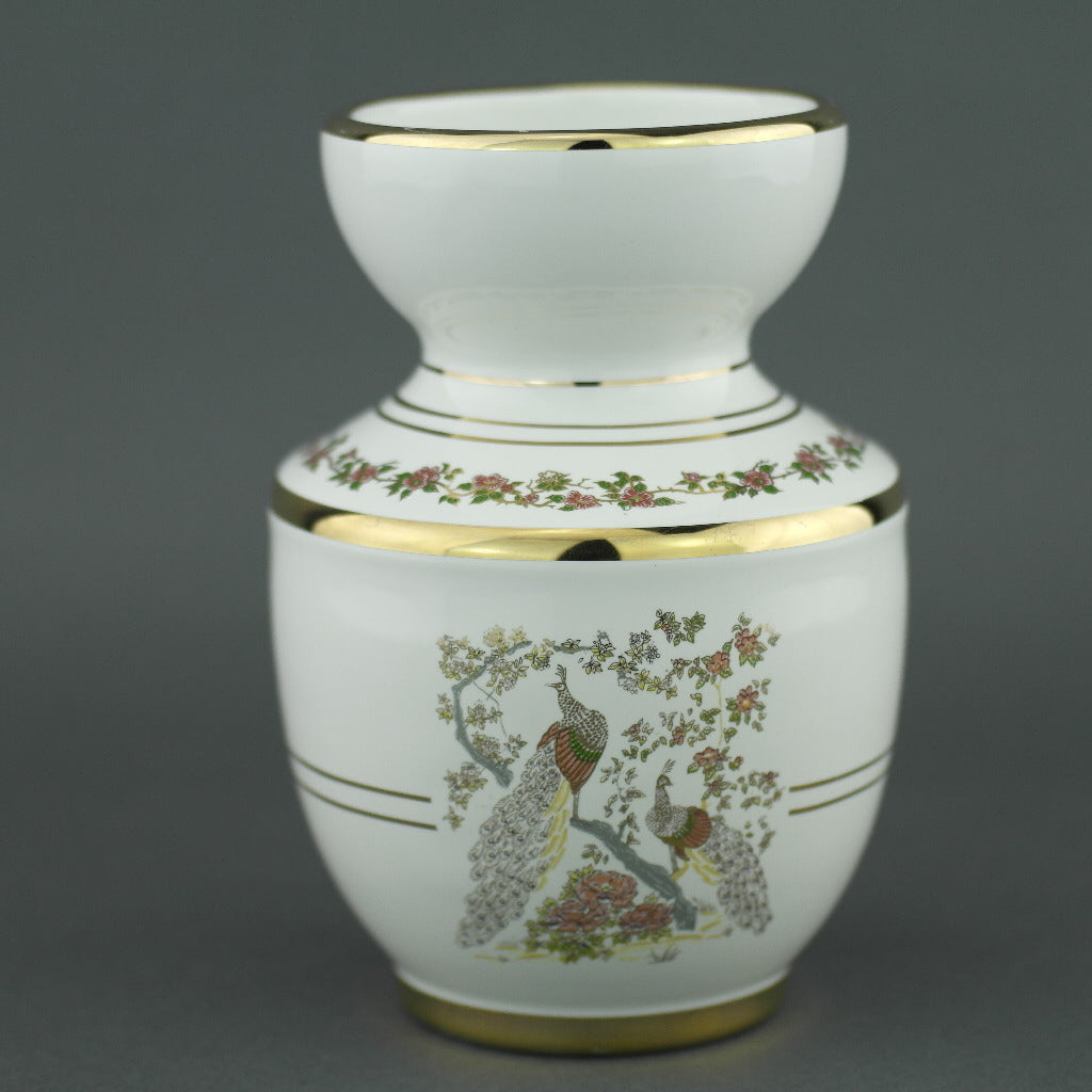Vintage Greek 24ct Gold plated white pottery vase jug Peafowl in flowering bushes