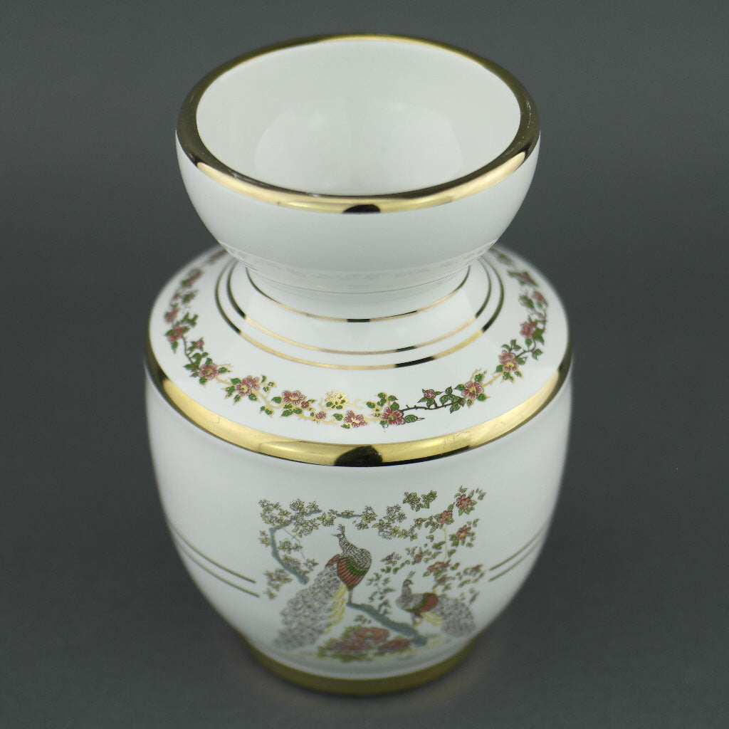 Vintage Greek 24ct Gold plated white pottery vase jug Peafowl in flowering bushes