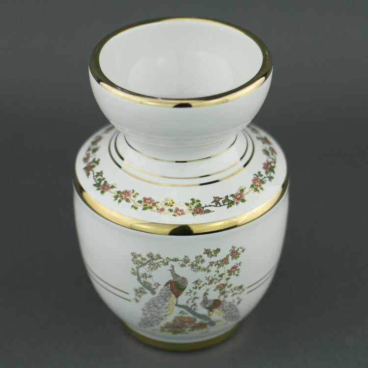 Vintage Greek 24ct Gold plated white pottery vase jug Peafowl in flowering bushes