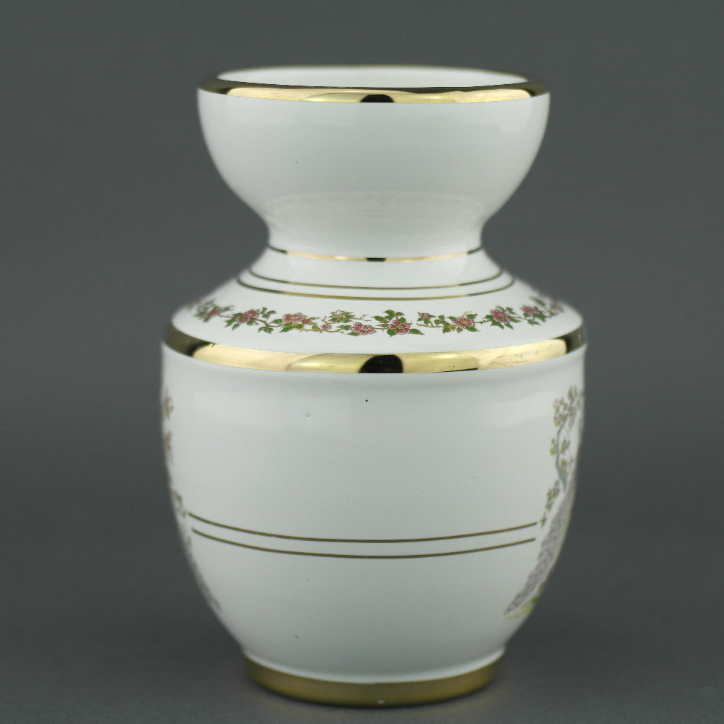 Vintage Greek 24ct Gold plated white pottery vase jug Peafowl in flowering bushes