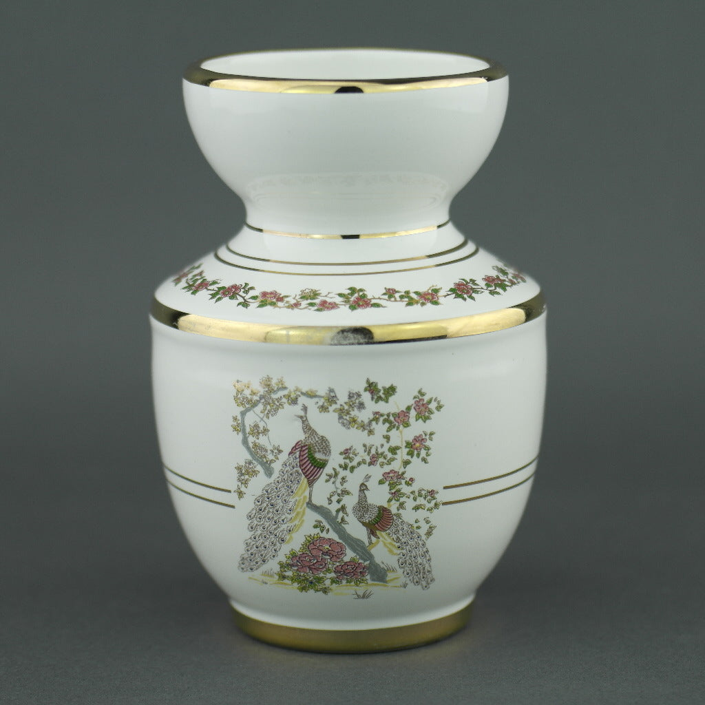 Vintage Greek 24ct Gold plated white pottery vase jug Peafowl in flowering bushes
