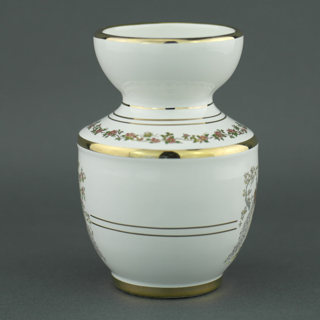 Vintage Greek 24ct Gold plated white pottery vase jug Peafowl in flowering bushes
