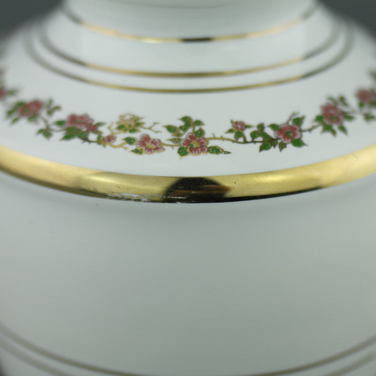 Vintage Greek 24ct Gold plated white pottery vase jug Peafowl in flowering bushes