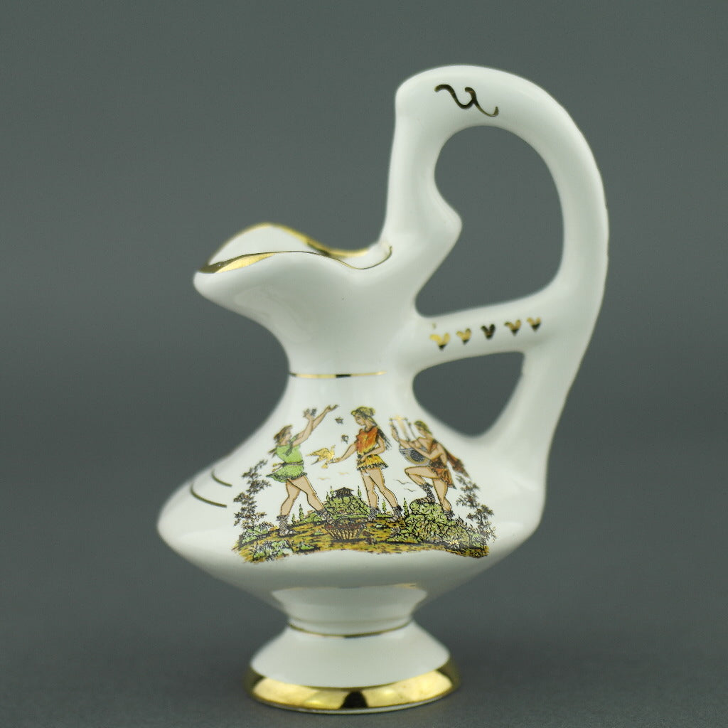 Jarra de aceite de cerámica blanca chapada en oro griego vintage de 24 qt - Escena del mundo antiguo
