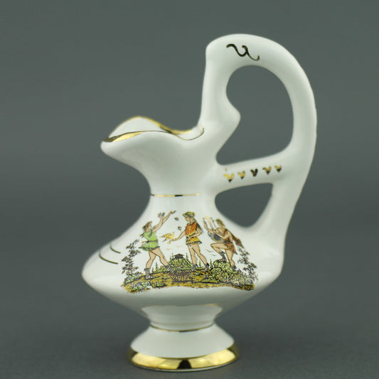 Vintage griechischer Ölkrug aus weißer Keramik mit 24-Karat-Vergoldung – Szene aus der Antike