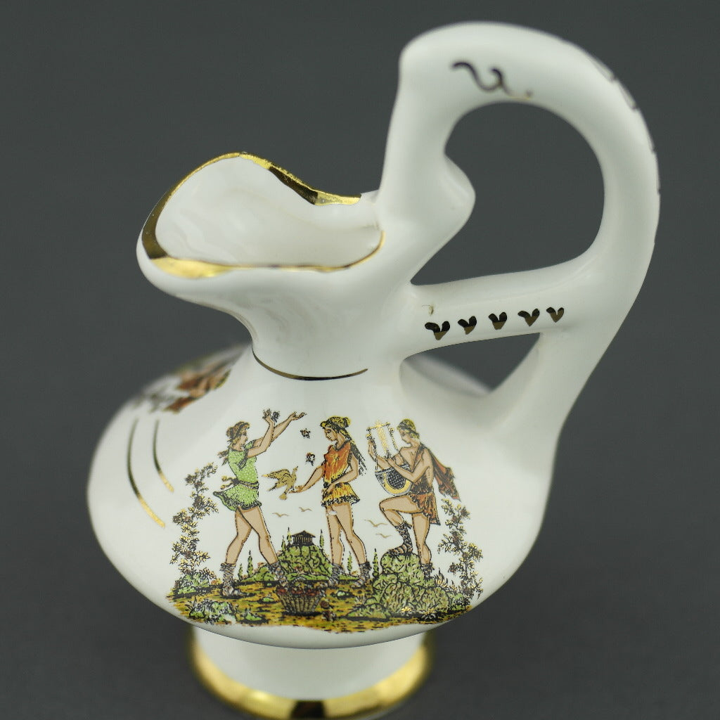 Vintage Greek 24ct Gold plated white pottery oil jug - Ancient world scene