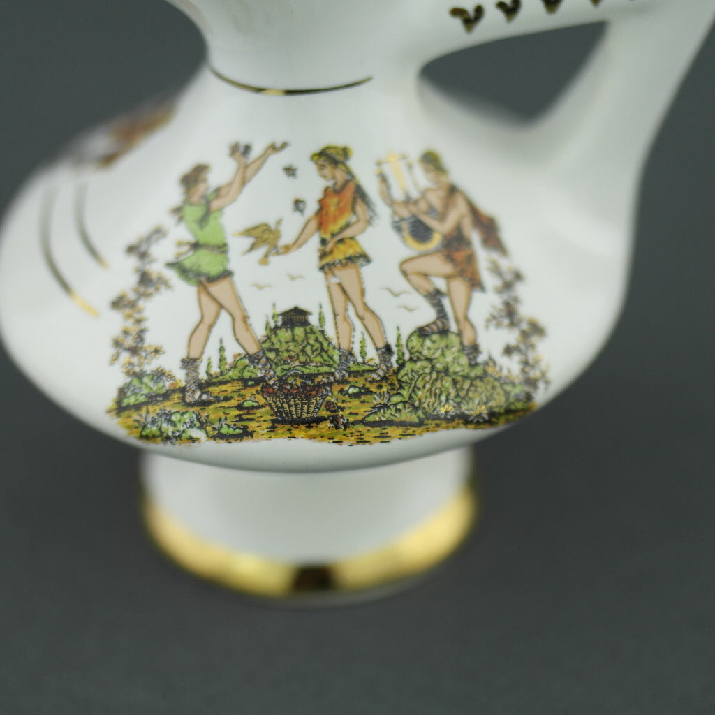 Vintage Greek 24ct Gold plated white pottery oil jug - Ancient world scene
