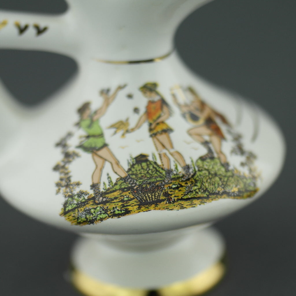 Vintage Greek 24ct Gold plated white pottery oil jug - Ancient world scene