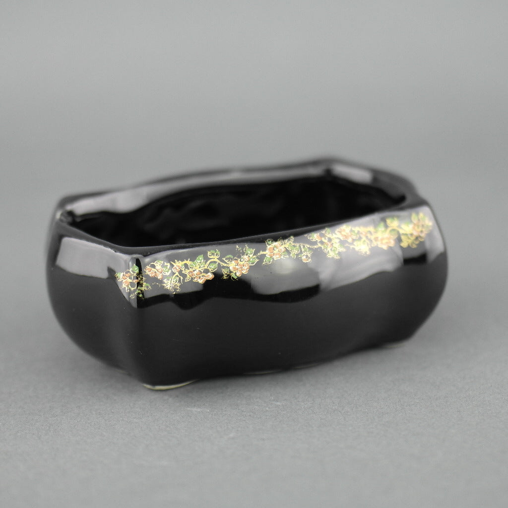 Vintage Greek 24ct Gold plated black pottery trinket bowl - flowers