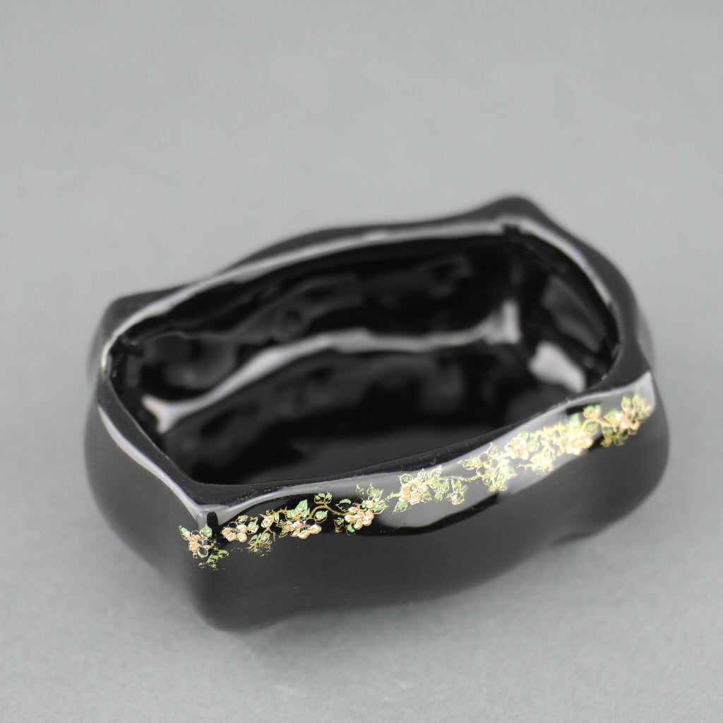 Vintage Greek 24ct Gold plated black pottery trinket bowl - flowers