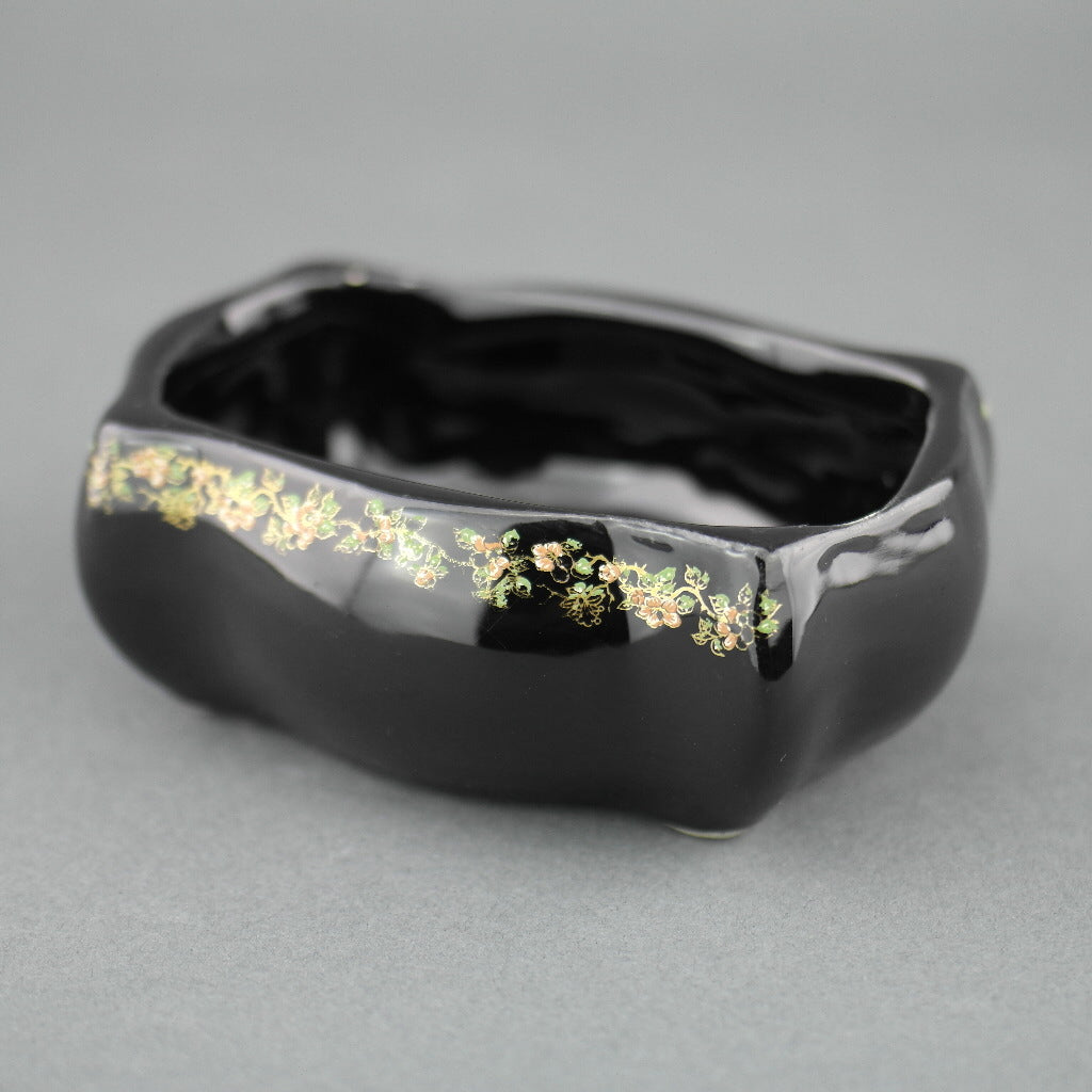 Vintage Greek 24ct Gold plated black pottery trinket bowl - flowers