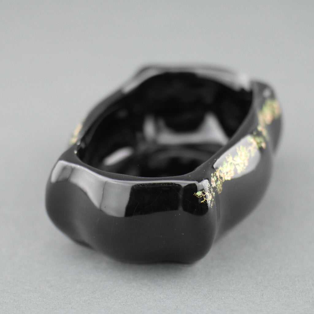 Vintage Greek 24ct Gold plated black pottery trinket bowl - flowers