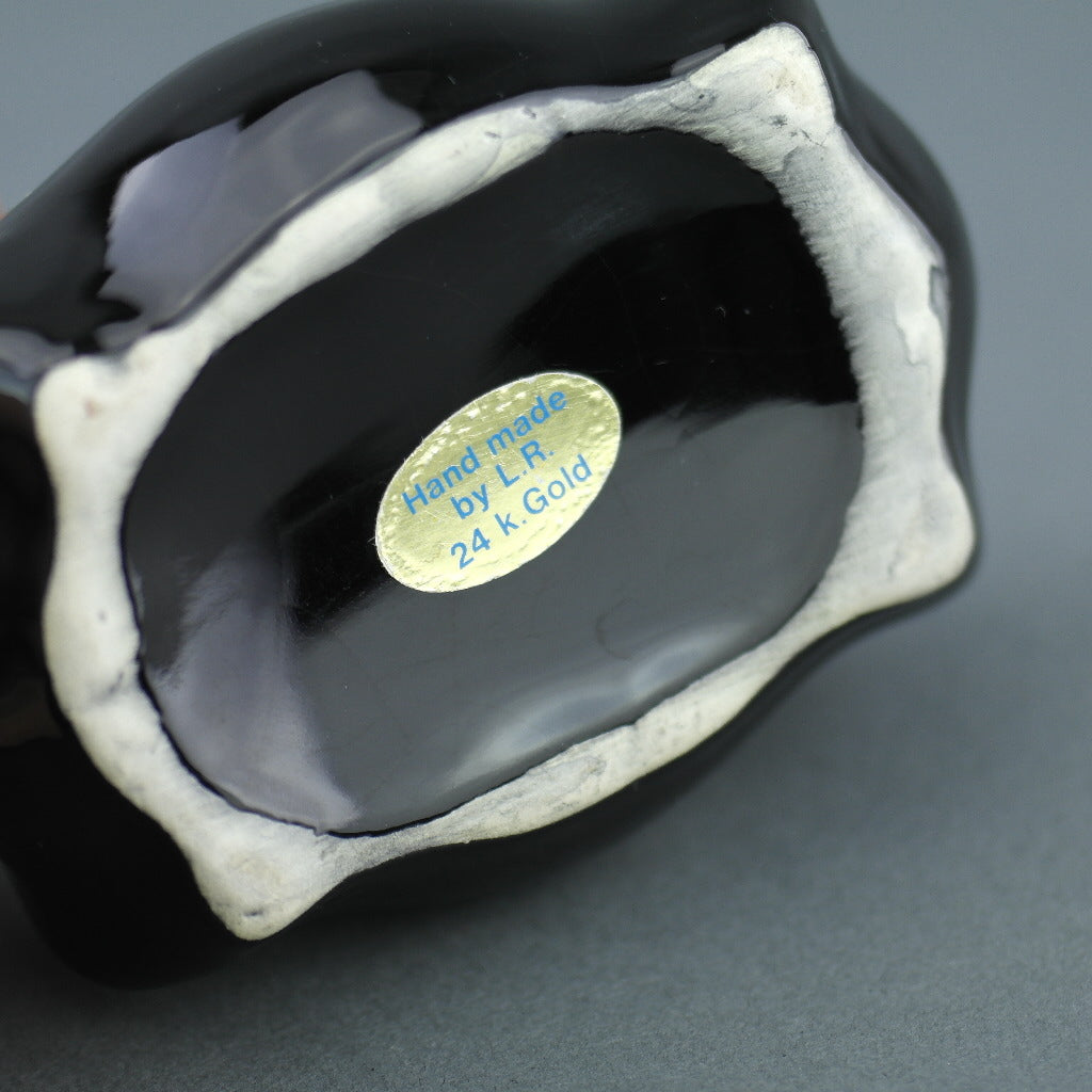 Vintage Greek 24ct Gold plated black pottery trinket bowl - flowers