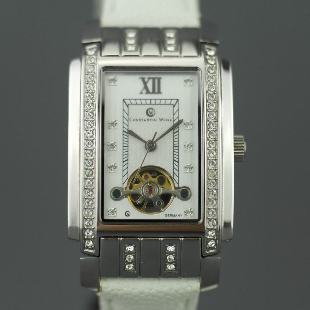Constantin Weisz Diamonds Reloj de pulsera mecánico correa de cuero blanco