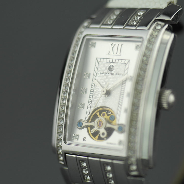 Constantin Weisz Diamonds Mechanische Armbanduhr mit weißem Lederarmband