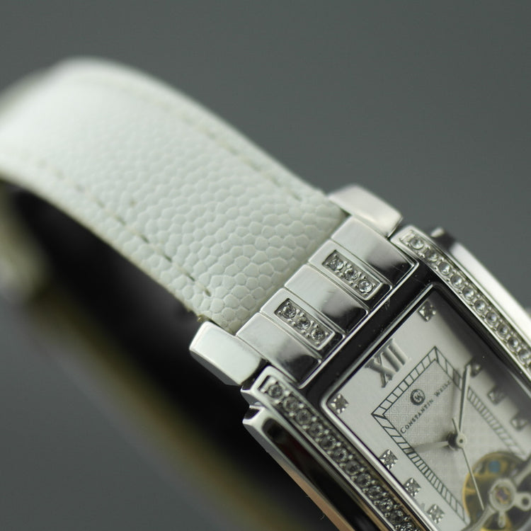 Constantin Weisz Diamonds Reloj de pulsera mecánico correa de cuero blanco