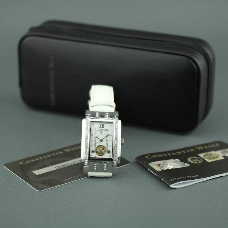 Constantin Weisz Diamonds Mechanische Armbanduhr mit weißem Lederarmband
