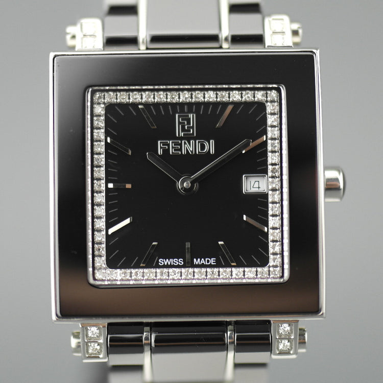 Fendi Orologi Quadro Black Ceramic and Diamonds Swiss wrist watch