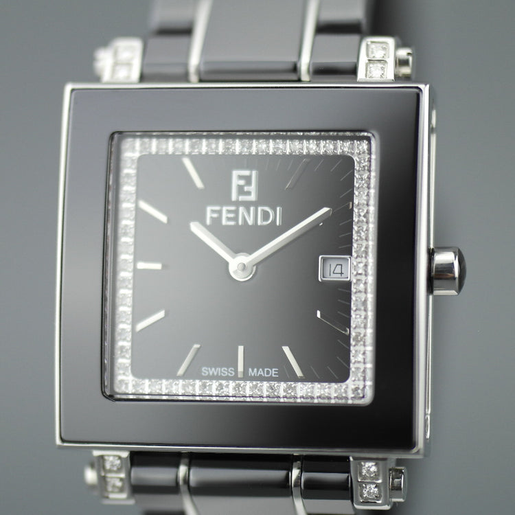 Fendi Orologi Quadro Black Ceramic and Diamonds Swiss wrist watch