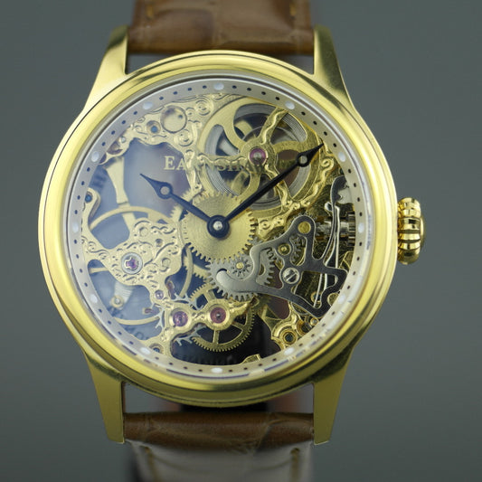 Thomas Earnshaw BAUER Reloj de pulsera mecánico chapado en oro con correa de piel marrón 