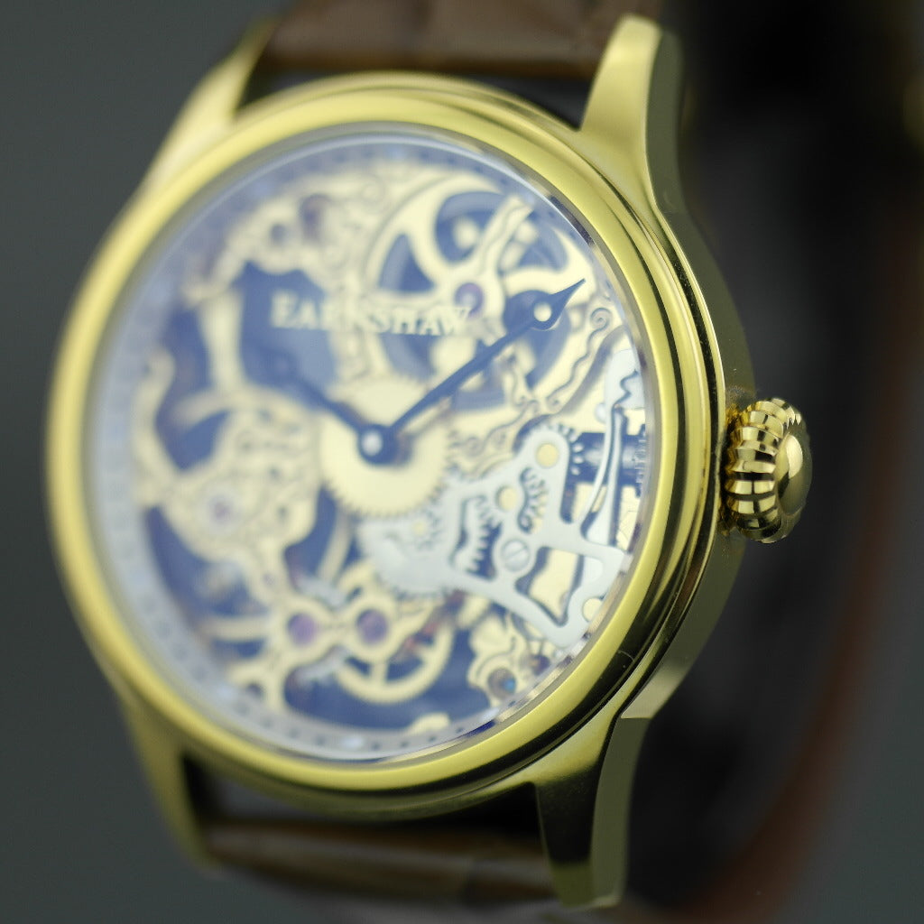Thomas Earnshaw BAUER Reloj de pulsera mecánico chapado en oro con correa de piel marrón 
